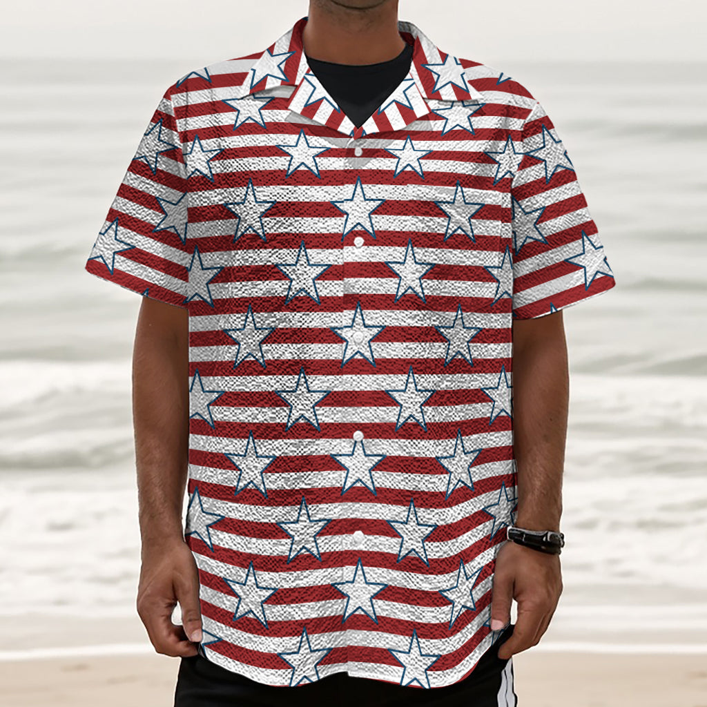 Red Striped USA Star Pattern Print Textured Short Sleeve Shirt