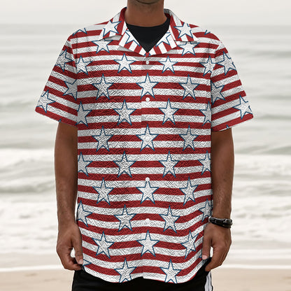 Red Striped USA Star Pattern Print Textured Short Sleeve Shirt