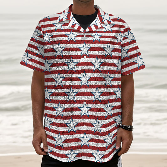 Red Striped USA Star Pattern Print Textured Short Sleeve Shirt