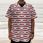 Red Striped USA Star Pattern Print Textured Short Sleeve Shirt
