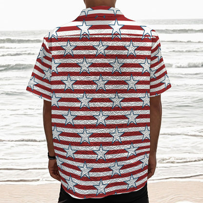 Red Striped USA Star Pattern Print Textured Short Sleeve Shirt