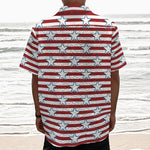 Red Striped USA Star Pattern Print Textured Short Sleeve Shirt