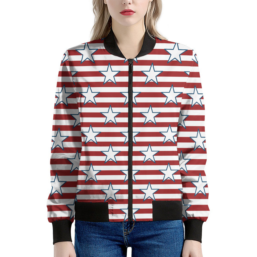 Red Striped USA Star Pattern Print Women's Bomber Jacket