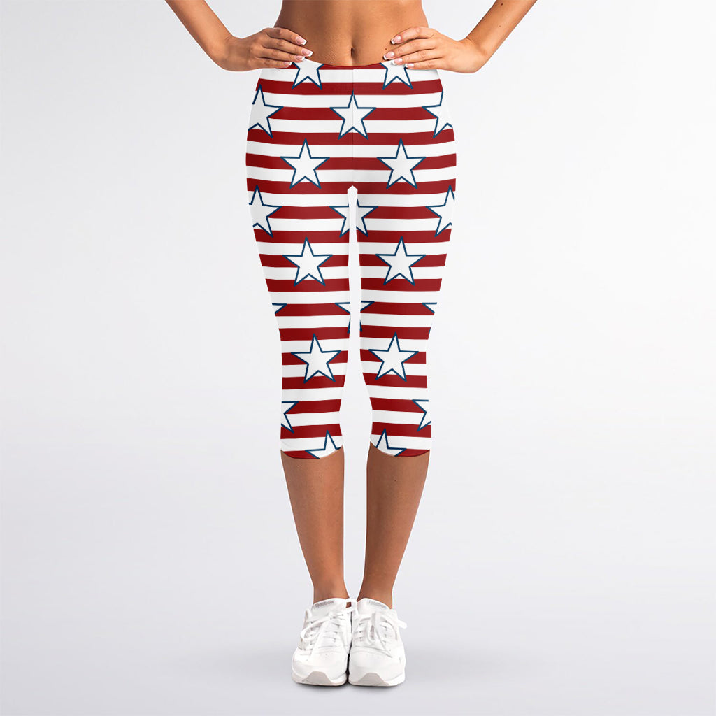 Red Striped USA Star Pattern Print Women's Capri Leggings