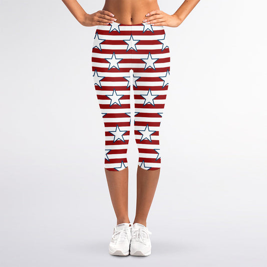 Red Striped USA Star Pattern Print Women's Capri Leggings