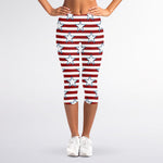 Red Striped USA Star Pattern Print Women's Capri Leggings