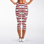 Red Striped USA Star Pattern Print Women's Capri Leggings