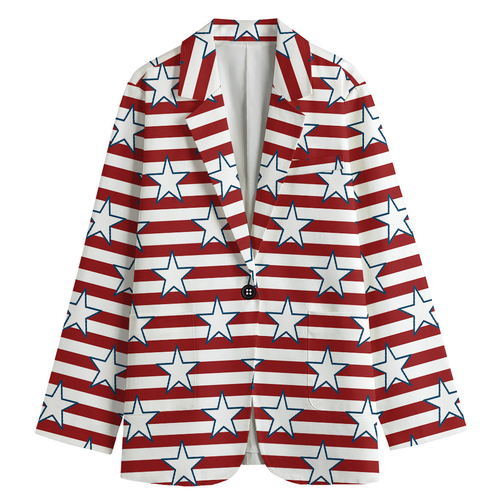 Red Striped USA Star Pattern Print Women's Cotton Blazer