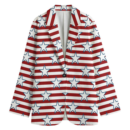 Red Striped USA Star Pattern Print Women's Cotton Blazer