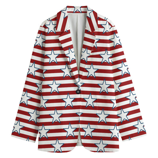 Red Striped USA Star Pattern Print Women's Cotton Blazer