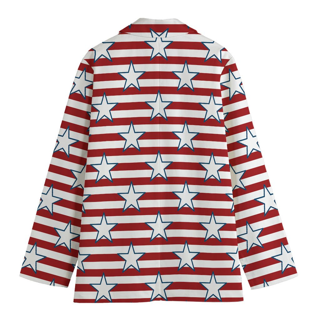 Red Striped USA Star Pattern Print Women's Cotton Blazer