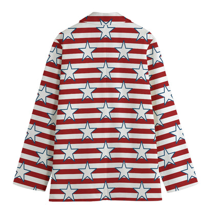 Red Striped USA Star Pattern Print Women's Cotton Blazer