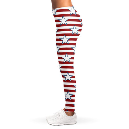 Red Striped USA Star Pattern Print Women's Leggings