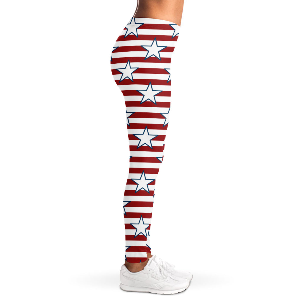 Red Striped USA Star Pattern Print Women's Leggings