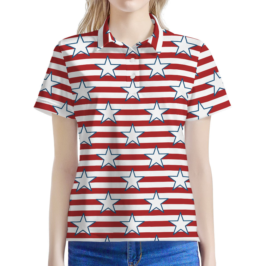 Red Striped USA Star Pattern Print Women's Polo Shirt