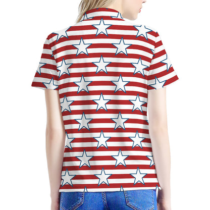 Red Striped USA Star Pattern Print Women's Polo Shirt