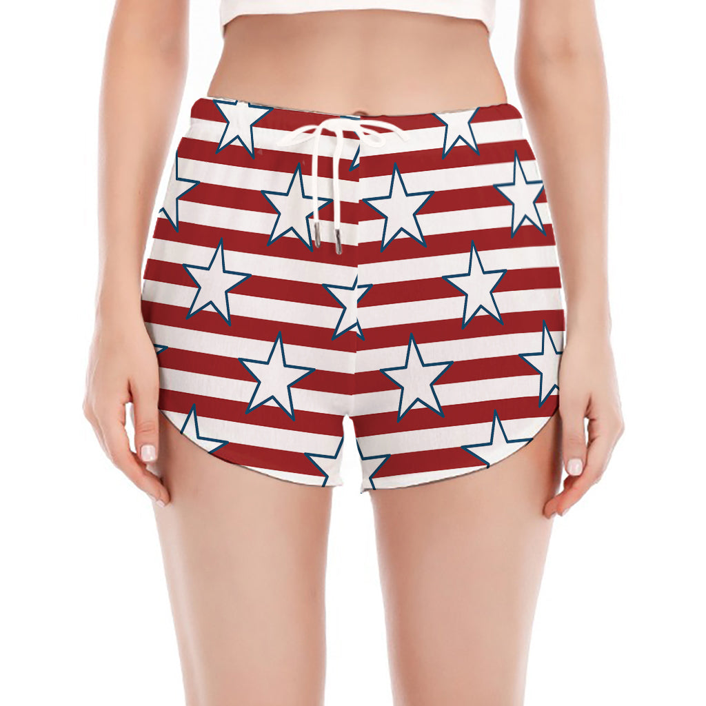 Red Striped USA Star Pattern Print Women's Split Running Shorts