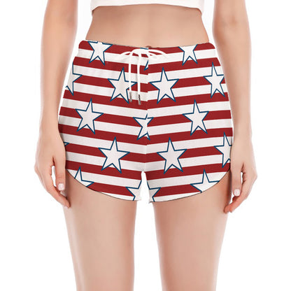 Red Striped USA Star Pattern Print Women's Split Running Shorts
