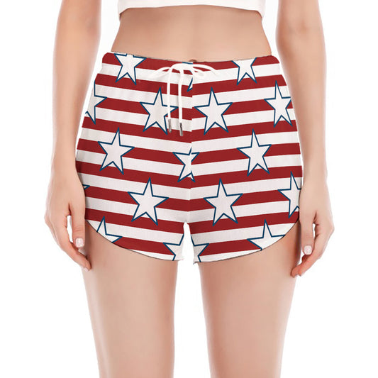 Red Striped USA Star Pattern Print Women's Split Running Shorts