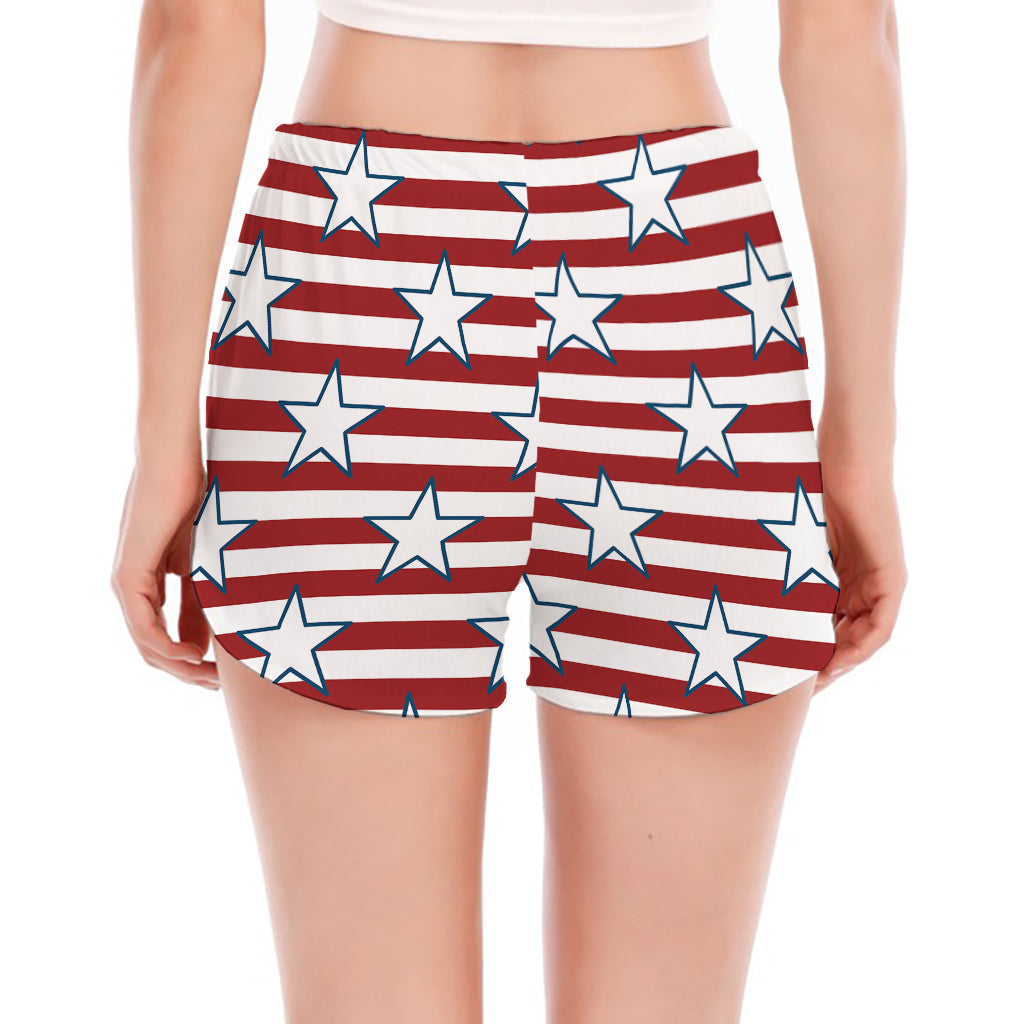 Red Striped USA Star Pattern Print Women's Split Running Shorts