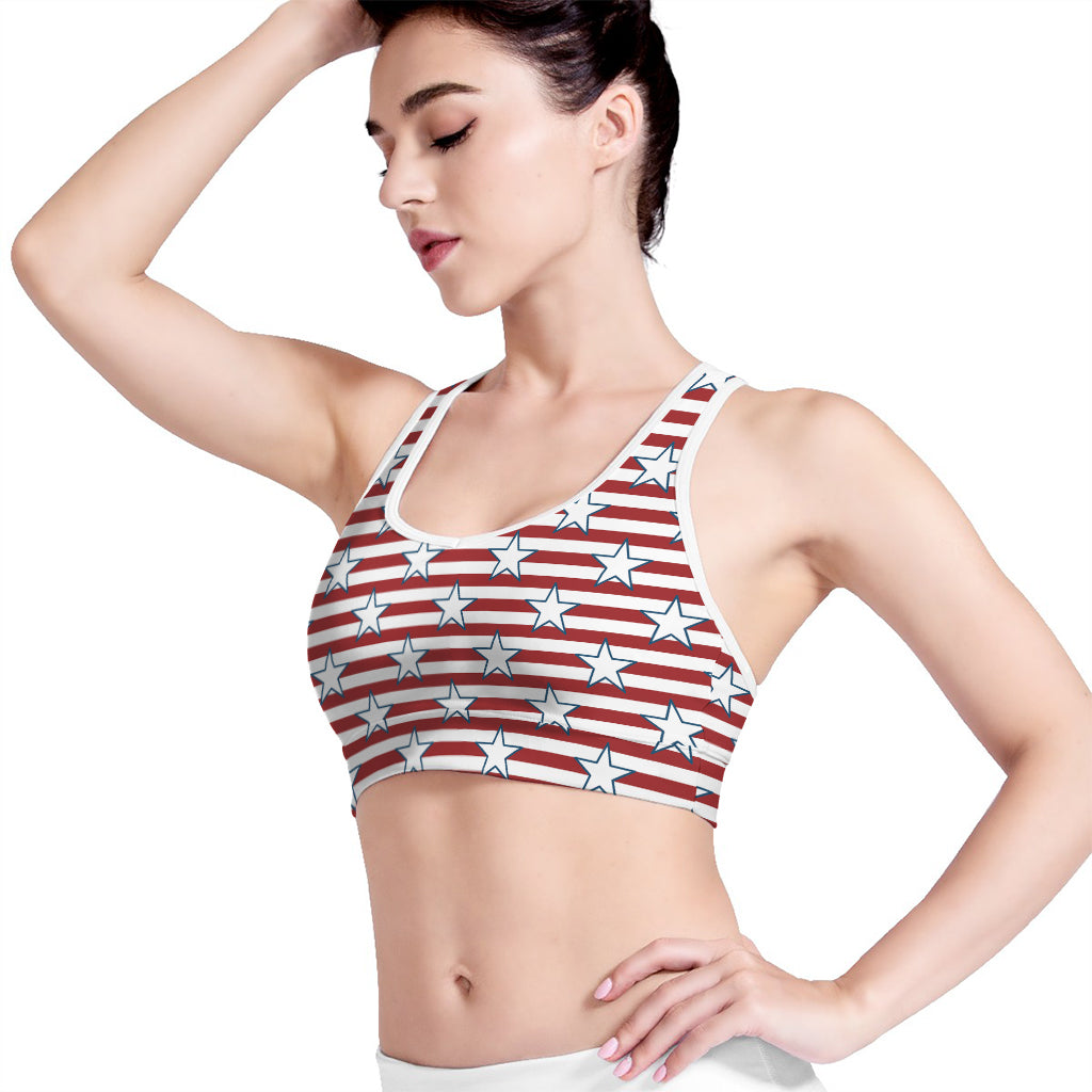 Red Striped USA Star Pattern Print Women's Sports Bra