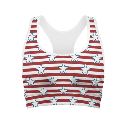 Red Striped USA Star Pattern Print Women's Sports Bra