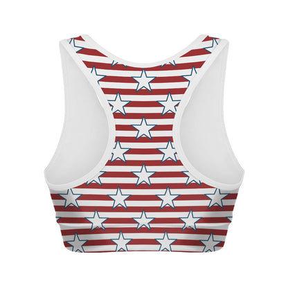 Red Striped USA Star Pattern Print Women's Sports Bra