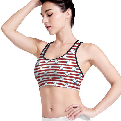 Red Striped USA Star Pattern Print Women's Sports Bra