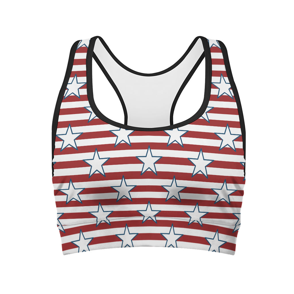 Red Striped USA Star Pattern Print Women's Sports Bra
