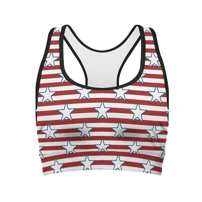 Red Striped USA Star Pattern Print Women's Sports Bra