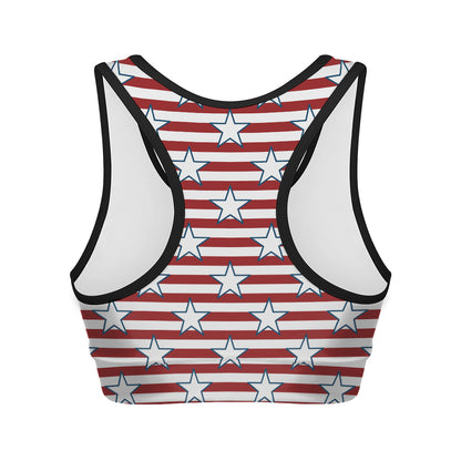Red Striped USA Star Pattern Print Women's Sports Bra