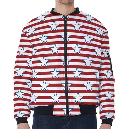 Red Striped USA Star Pattern Print Zip Sleeve Bomber Jacket