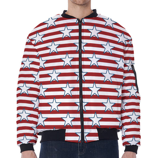 Red Striped USA Star Pattern Print Zip Sleeve Bomber Jacket