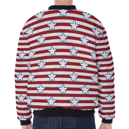 Red Striped USA Star Pattern Print Zip Sleeve Bomber Jacket