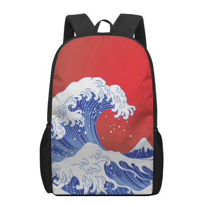 Red Sun Japanese Wave Print 17 Inch Backpack