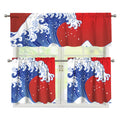 Red Sun Japanese Wave Print 3 Piece Kitchen Curtains