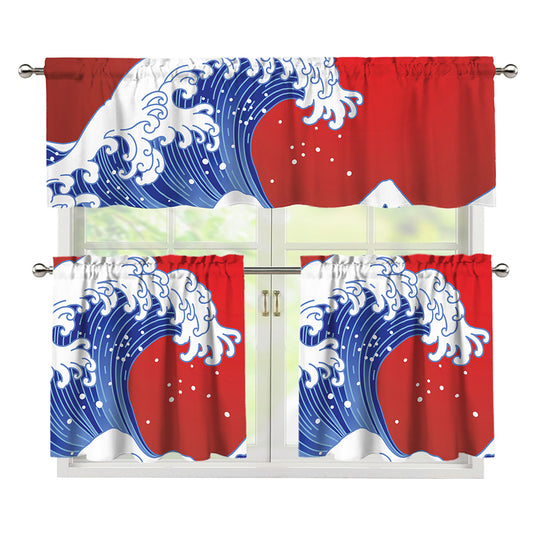Red Sun Japanese Wave Print 3 Piece Kitchen Curtains