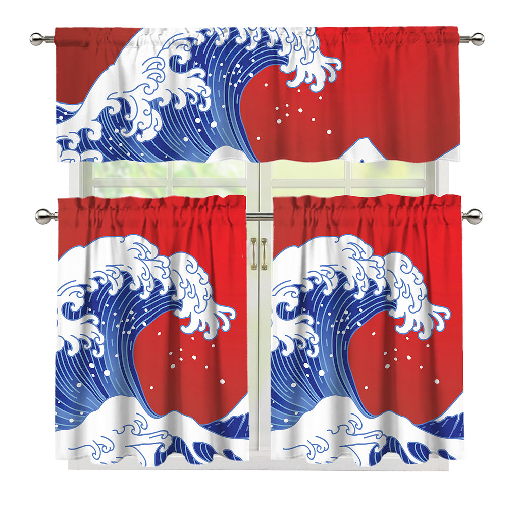 Red Sun Japanese Wave Print 3 Piece Kitchen Curtains