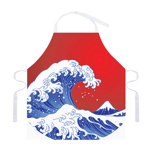 Red Sun Japanese Wave Print Adjustable Apron