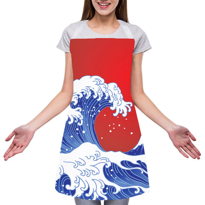 Red Sun Japanese Wave Print Adjustable Apron