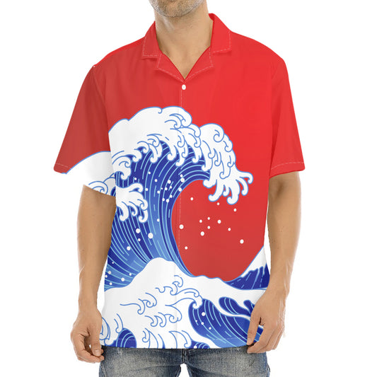 Red Sun Japanese Wave Print Aloha Shirt