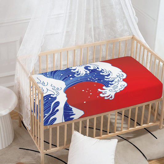 Red Sun Japanese Wave Print Baby Crib Sheet