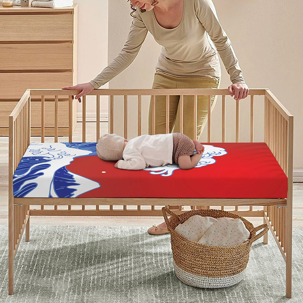 Red Sun Japanese Wave Print Baby Crib Sheet
