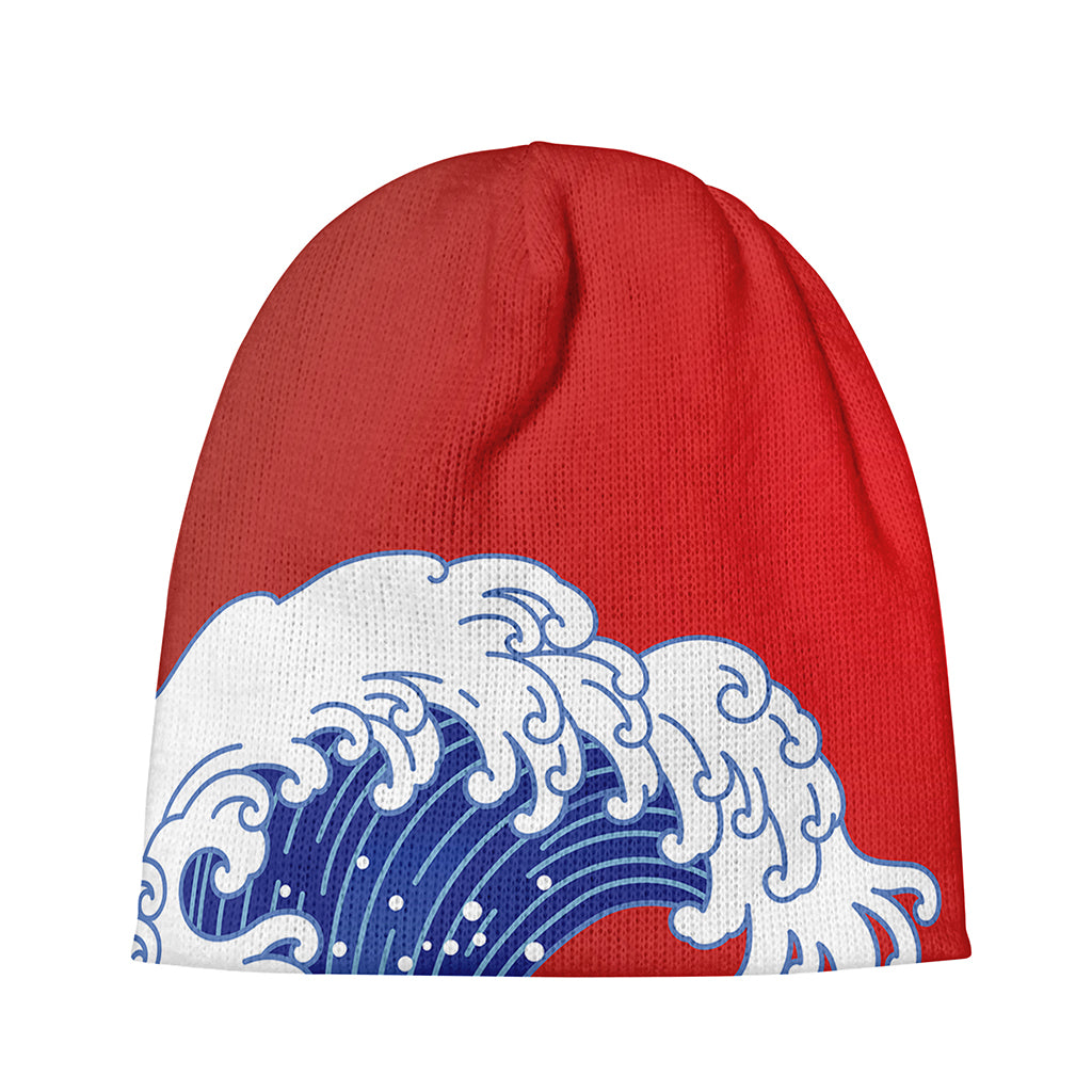 Red Sun Japanese Wave Print Beanie