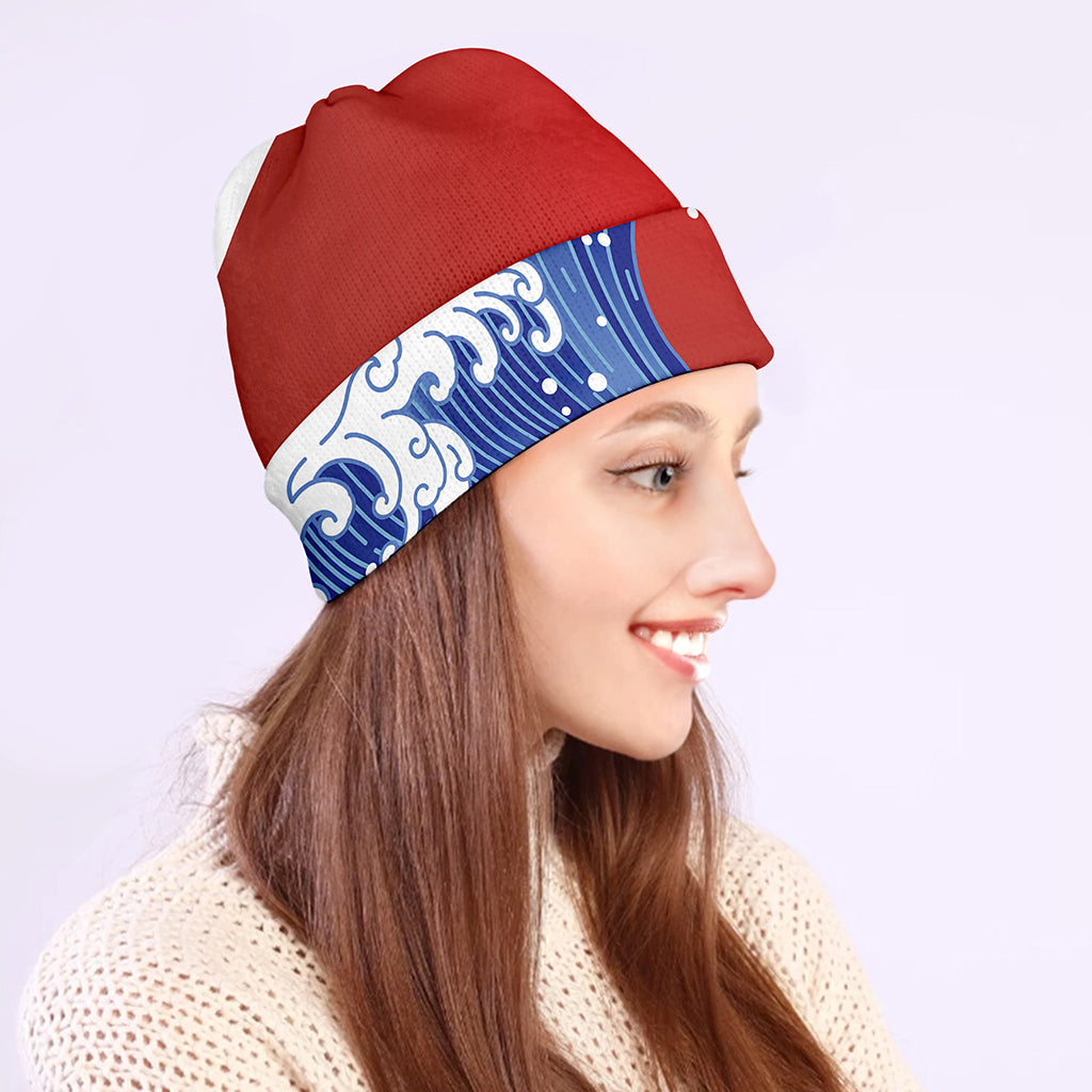 Red Sun Japanese Wave Print Beanie