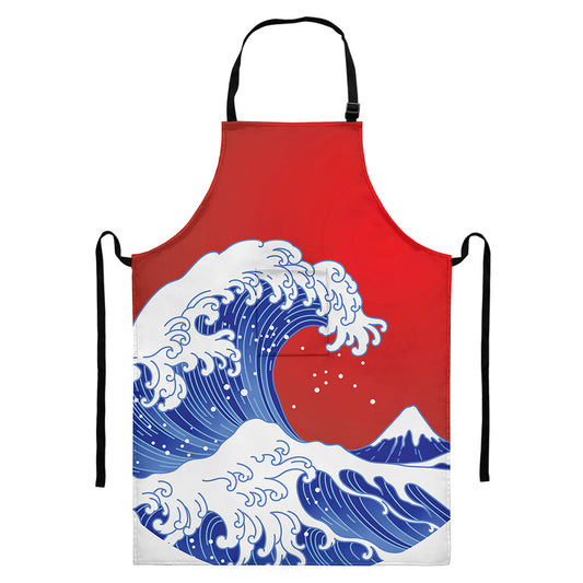 Red Sun Japanese Wave Print Bib Apron With Pocket