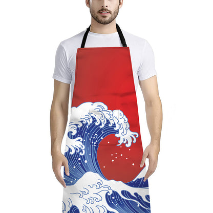 Red Sun Japanese Wave Print Bib Apron With Pocket