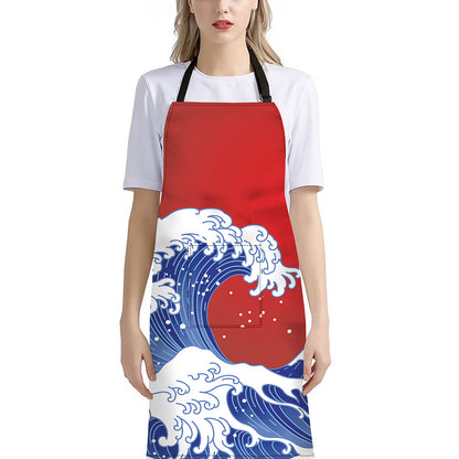 Red Sun Japanese Wave Print Bib Apron With Pocket