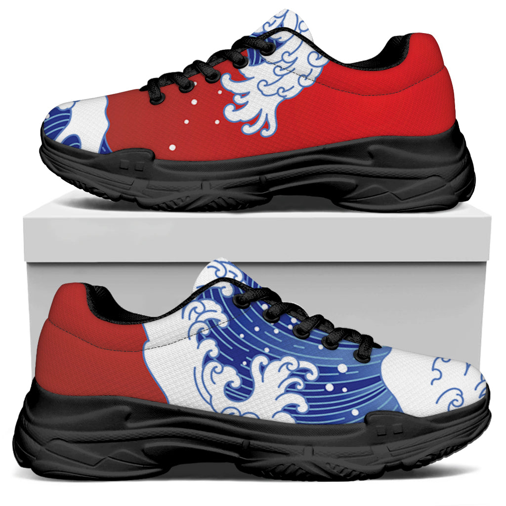 Red Sun Japanese Wave Print Black Chunky Shoes