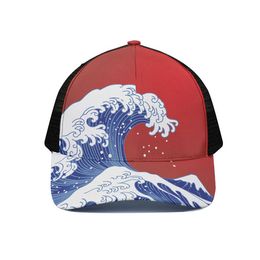 Red Sun Japanese Wave Print Black Mesh Trucker Cap